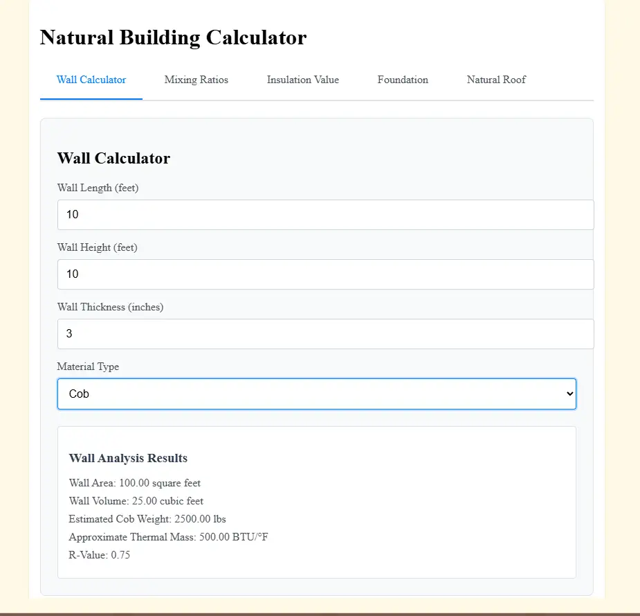 Sustainable natural building calculator for homestead construction showing adobe brick recipes, straw bale quantities, earthen plaster formulas, and eco-friendly building material estimates