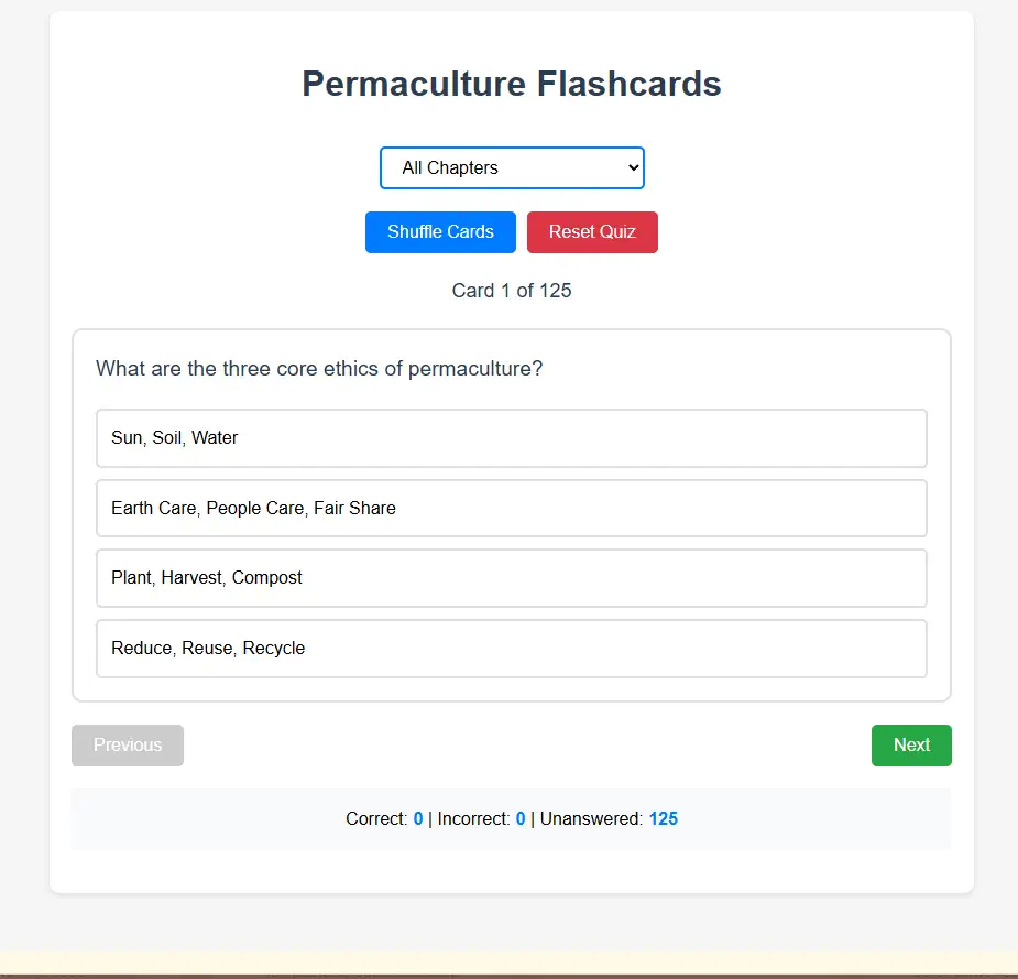 Interactive permaculture education flashcards featuring sustainable design principles, plant guild information, ecological patterns, and regenerative agriculture techniques for homestead learning