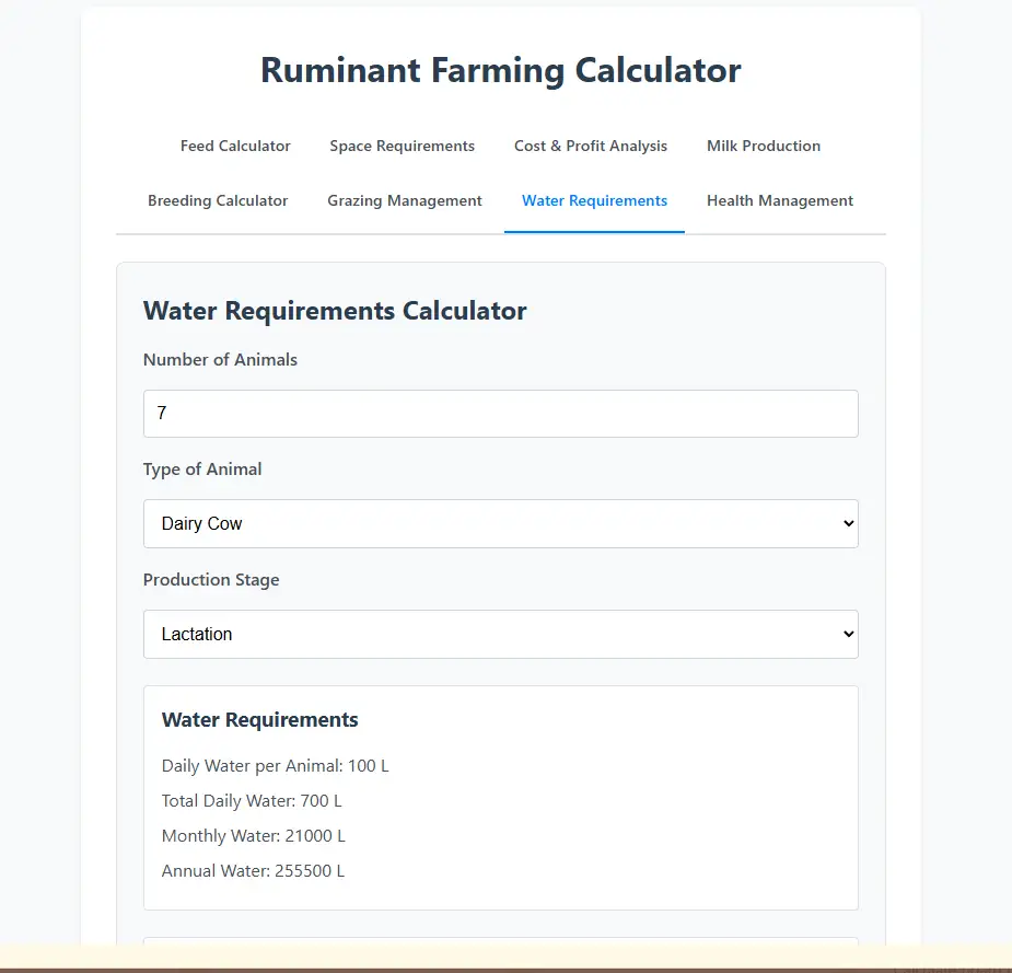 Livestock management calculator for homestead ruminant farming featuring pasture rotation planning, cattle feed requirements, grazing schedules, and sustainable animal husbandry tools